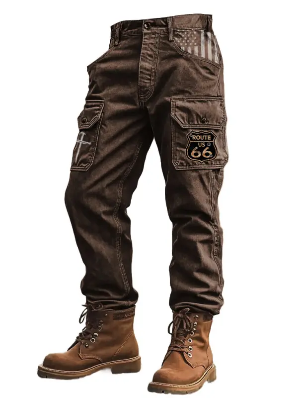 Men's Vintage Route 66 American Flag Cross Tactical Outdoor Multi-pocket Cargo Workwear Pants - Menbarn.com 