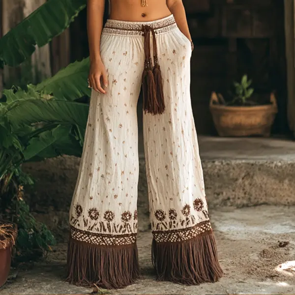 Women's Bohemian Floral Fringe Wide-Leg Pants - Rabclub.com 