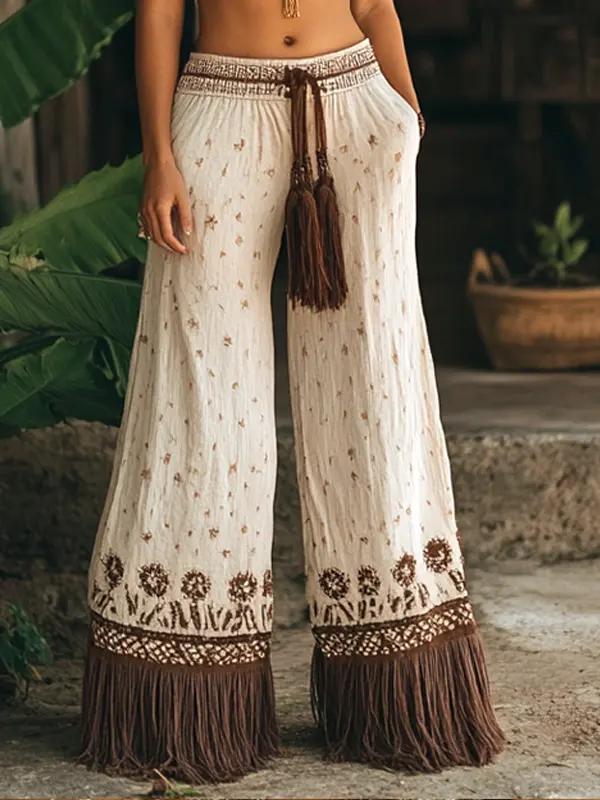 Women's Bohemian Floral Fringe Wide-Leg Pants - Pragmaace.com 