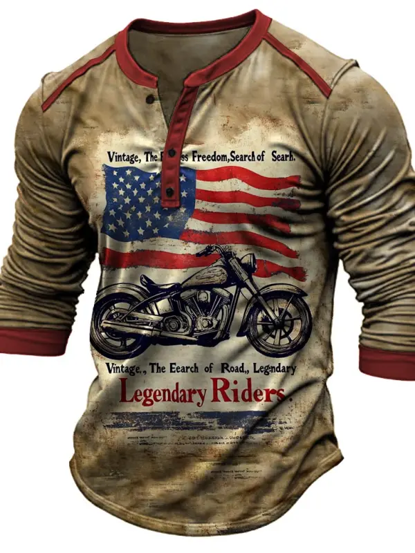 Men's Vintage Motorcycle American Flag Henley Long Sleeve T-Shirt - Menbarn.com 