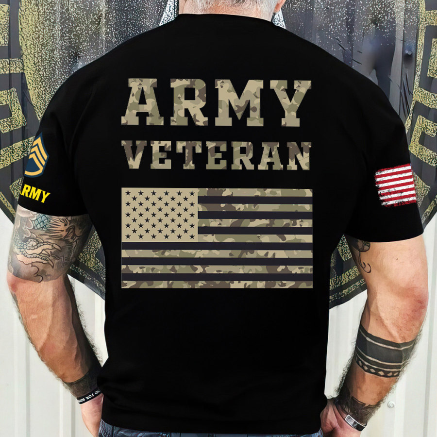 

Men's Vintage Camouflage US Army Veteran American Flag Print Short Sleeve T-shirt