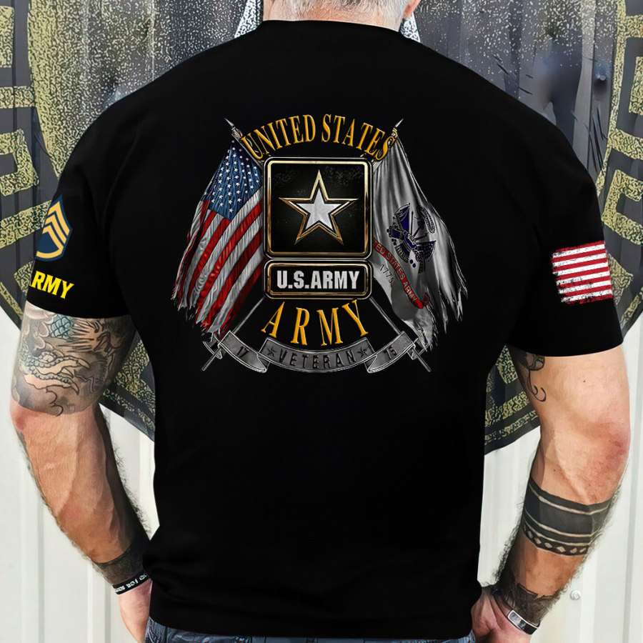 

Men's Vintage Branch Logo Double Flag US Army Veteran American Flag Print Short Sleeve T-shirt