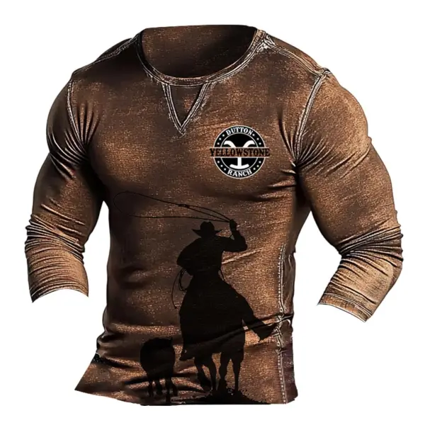 Men's Vintage Yellowstone Dutton Ranch Western Cowboy Riding Print Long Sleeve Crew Neck T-Shirt - Cotosen.com 