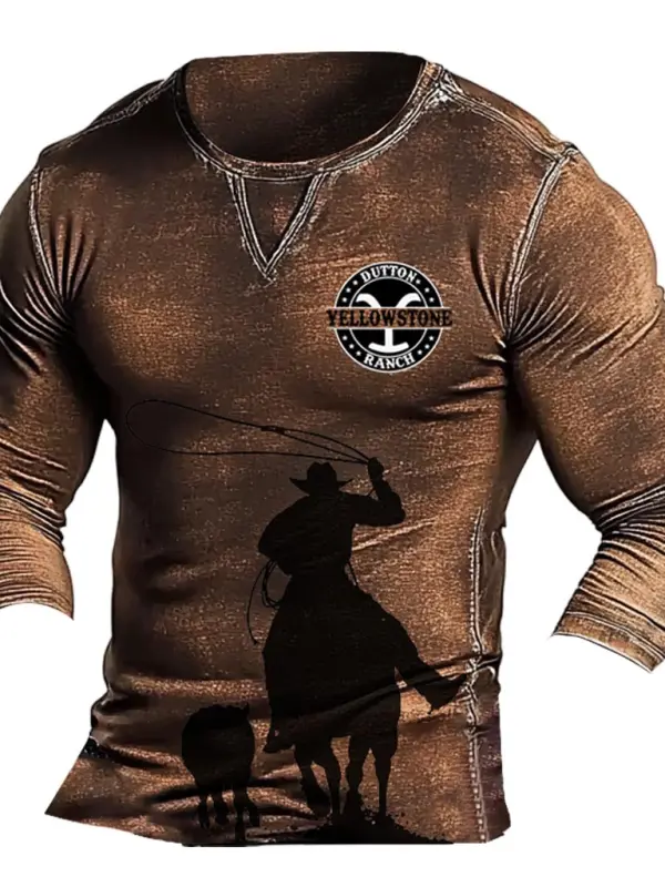 Men's Vintage Yellowstone Dutton Ranch Western Cowboy Riding Print Long Sleeve Crew Neck T-Shirt - Menbarn.com 
