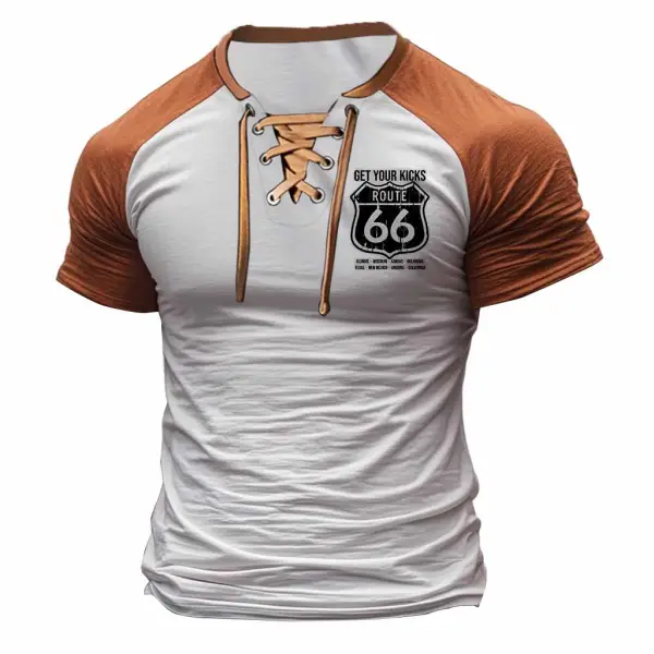 Men's Vintage Route 66 Print Color Block Lace-up Short Sleeve T-Shirt - Cotosen.com 