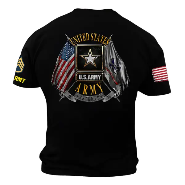 Men's Vintage Branch Logo Double Flag US Army Veteran American Flag Print Short Sleeve T-shirt - Cotosen.com 