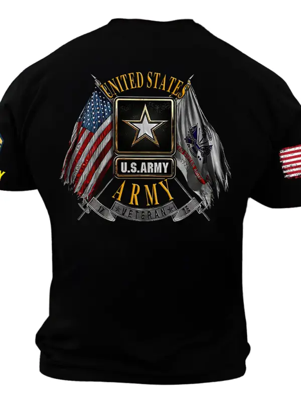 Men's Vintage Branch Logo Double Flag US Army Veteran American Flag Print Short Sleeve T-shirt - Menbarn.com 