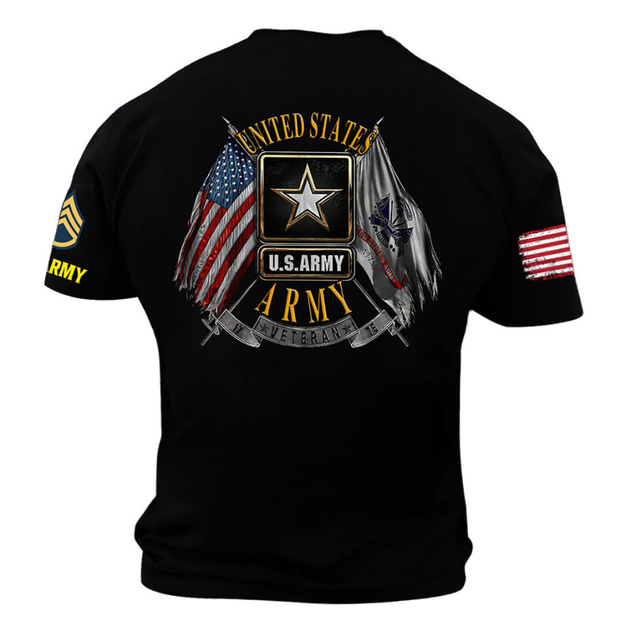 

Men's Vintage Branch Logo Double Flag US Army Veteran American Flag Print Short Sleeve T-shirt