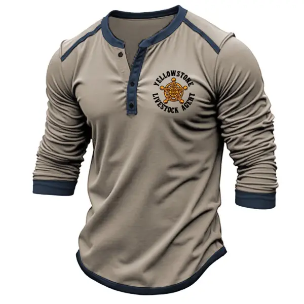 Men's Vintage Yellowstone Livestock Agent Henley Long Sleeve T-Shirt - Cotosen.com 
