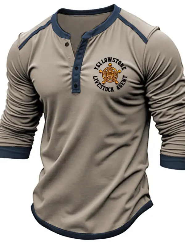 Men's Vintage Yellowstone Livestock Agent Henley Long Sleeve T-Shirt - Menbarn.com 