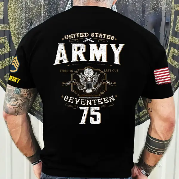 Men's Vintage US Army First In Last Out Since 1775 American Flag Print Short Sleeve T-shirt - Wayrates.com 