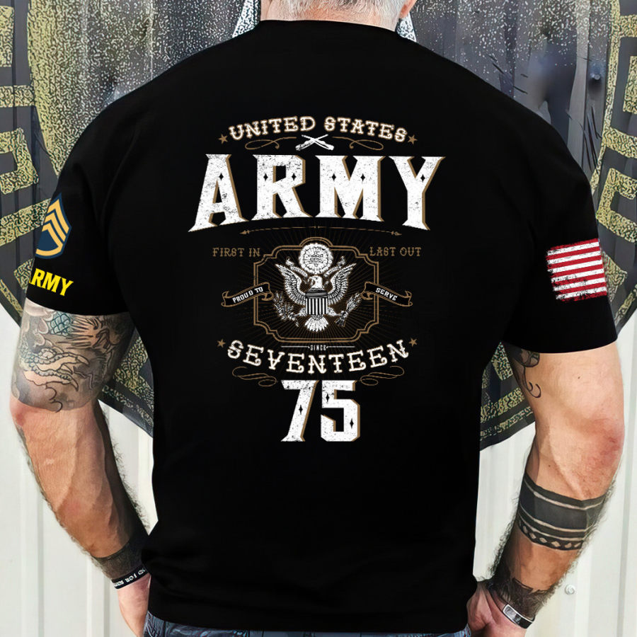 

Men's Vintage US Army First In Last Out Since 1775 American Flag Print Short Sleeve T-shirt