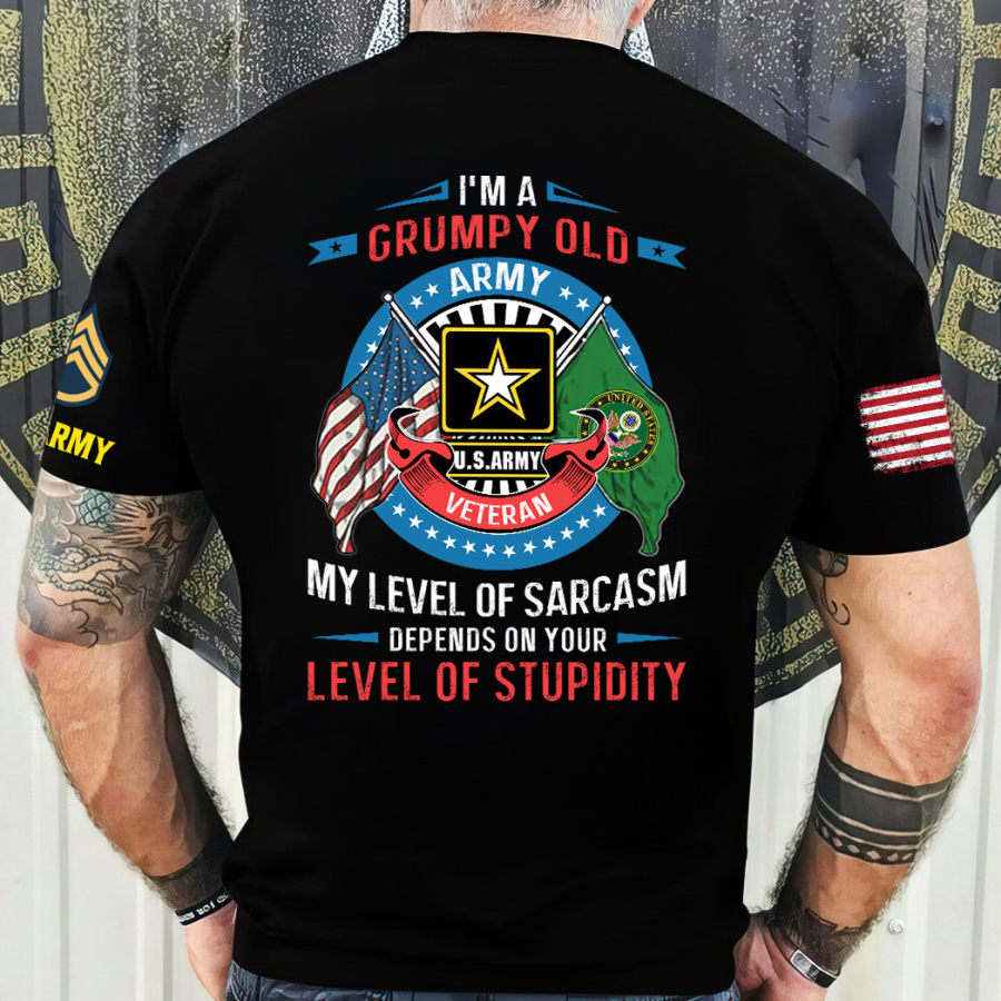 

Men's Vintage I'm A Grumpy Old Army Veteran American Flag Print Short Sleeve T-shirt