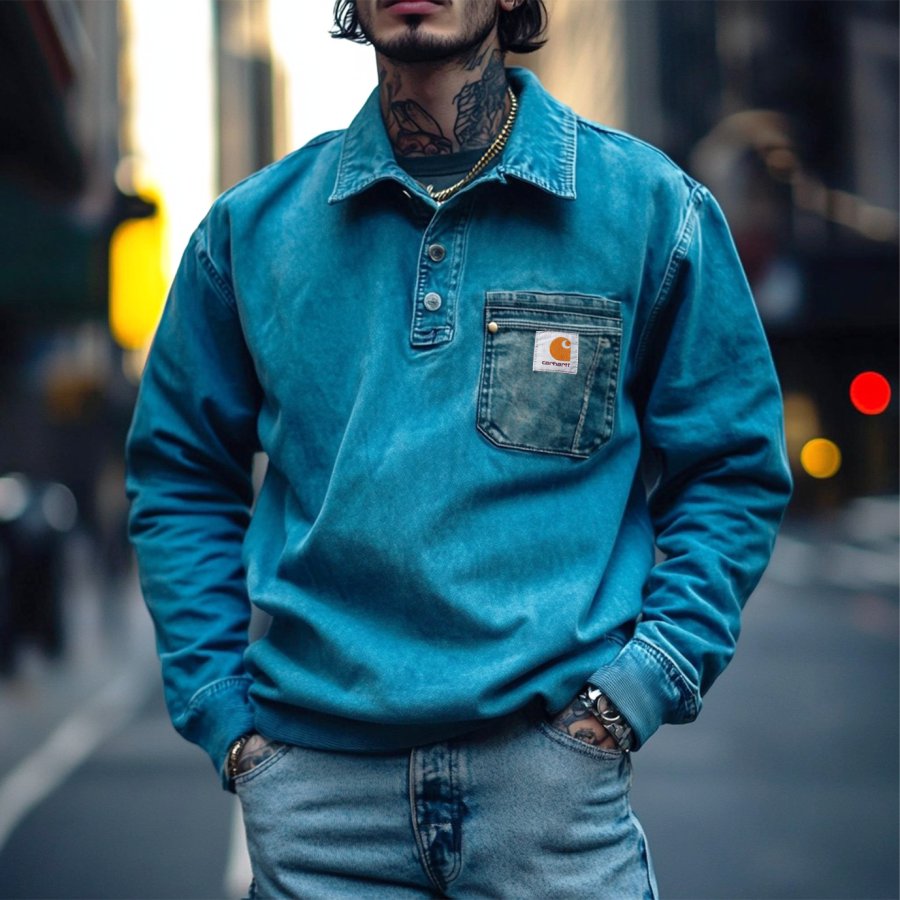 

Men's Vintage Street Style Casual Patchwork Long Sleeve Oversized Button Sweatshirts