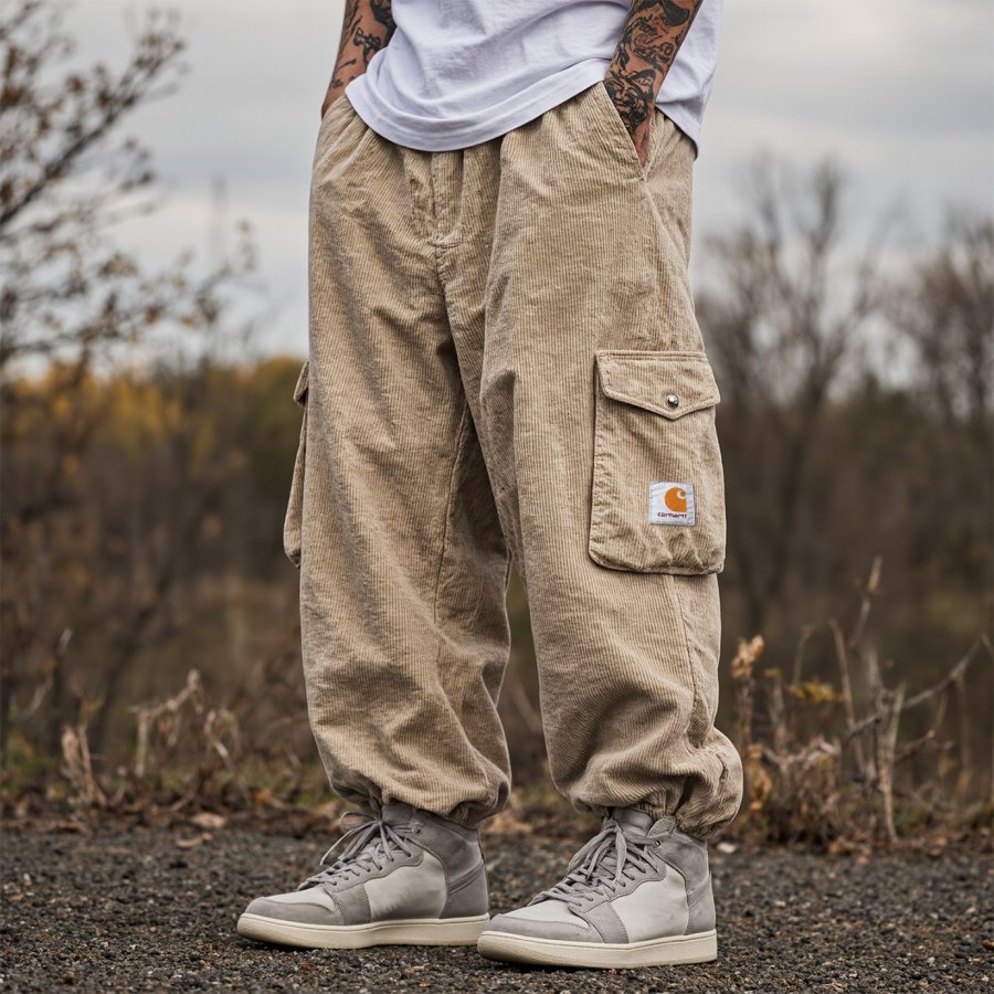 

Men's Vintage Outdoor Multi-Pocket Apricot Corduroy Cargo Pants Joggers