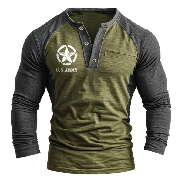 Men's Vintage US Army American Flag Print Color Block Henley Collar Long Sleeve T-Shirt - Cotosen.com 