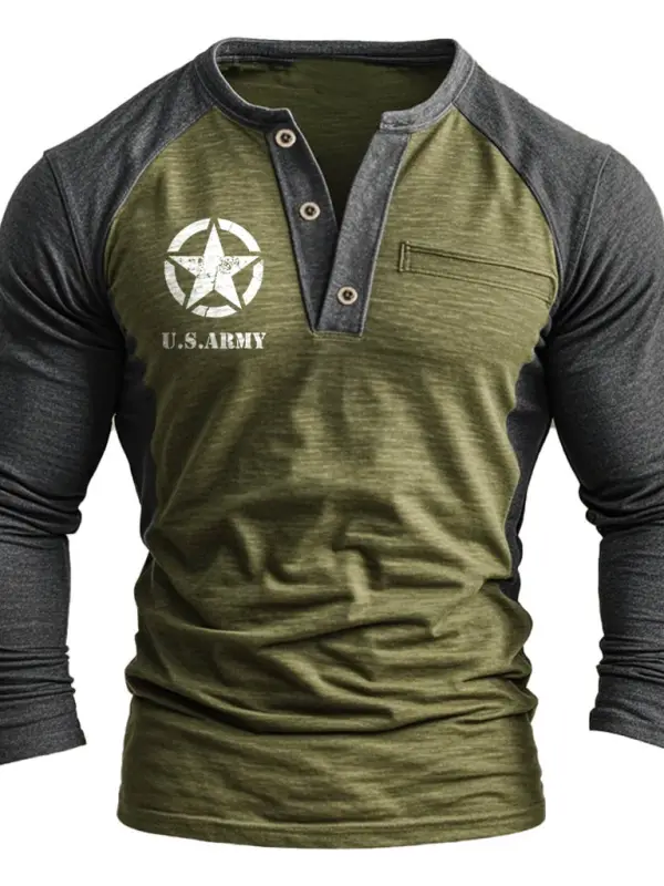 Men's Vintage US Army American Flag Print Color Block Henley Collar Long Sleeve T-Shirt - Menbarn.com 