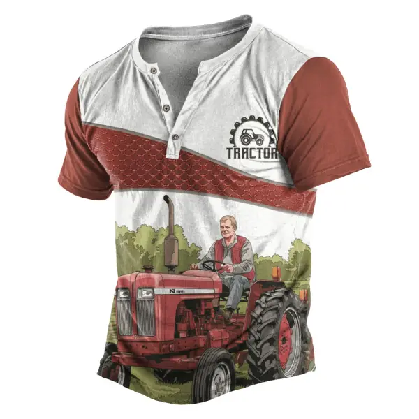 Men's Vintage Farmer Tractor Print Color Block Henley Collar Short Sleeve T-Shirt - Cotosen.com 