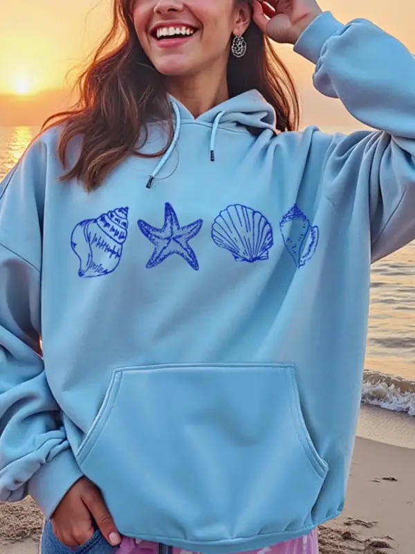Women's Vintage Seashell Ocean Dreams Embroidered Seaside Oversized Hoodie Only $33.99 - Pragmaace.com 