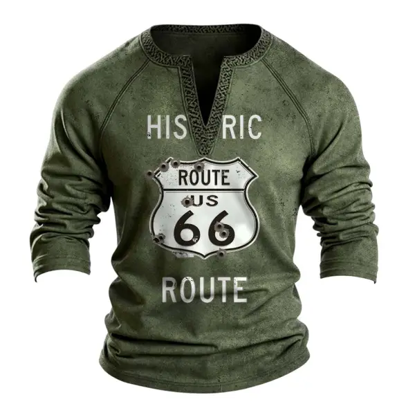 Men's Vintage Historic Route 66 Print V-Neck Long Sleeve T-Shirt - Anurvogel.com 