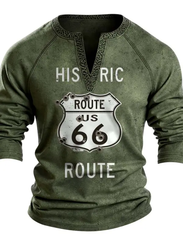 Men's Vintage Historic Route 66 Print V-Neck Long Sleeve T-Shirt - Menbarn.com 