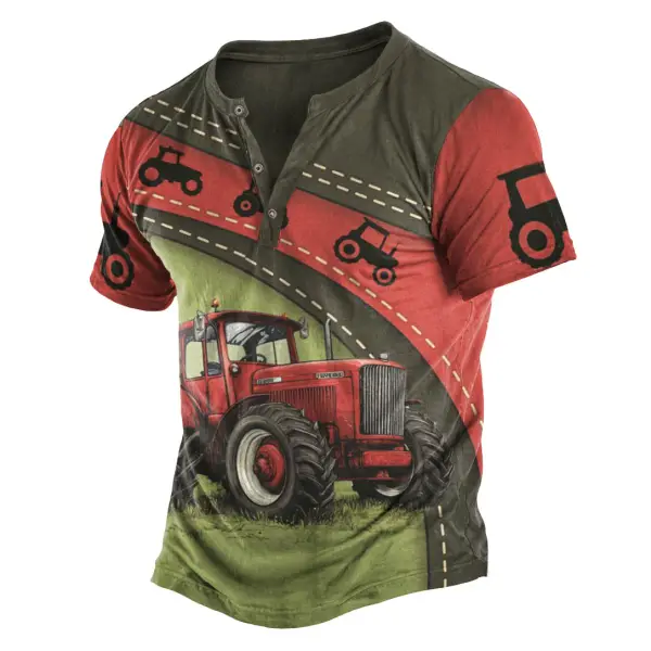 Men's Vintage Love Tractor Farm Print Color Block Henley Collar Short Sleeve T-Shirt - Cotosen.com 