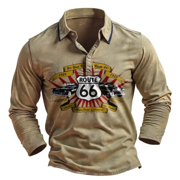 Men's Vintage Get Your Kicks On Route 66 Flags Print Contrast Color Polo Long Sleeve T-Shirt - Cotosen.com 