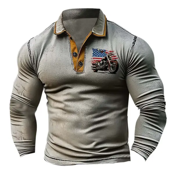 Men's Vintage Motorcycle American Flag Print Contrast Color Polo Long Sleeve T-Shirt - Cotosen.com 
