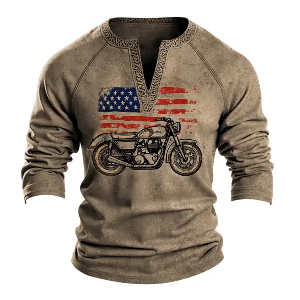 Men's Vintage American Flag Motorcycle Print V-Neck Long Sleeve T-Shirt - Anurvogel.com 