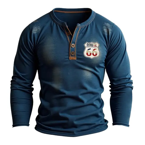 Men's Vintage Route 66 American Flag Print Henley Collar Long Sleeve T-Shirt - Cotosen.com 