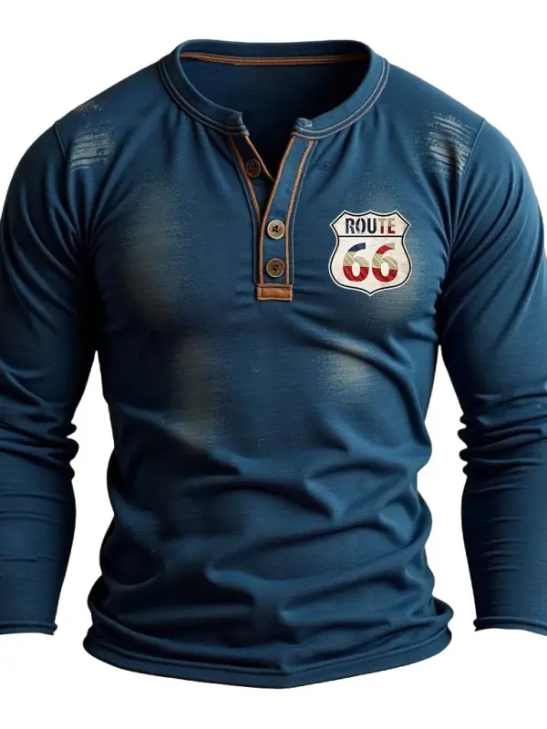 Men's Vintage Route 66 American Flag Print Henley Collar Long Sleeve T-Shirt - Menbarn.com 