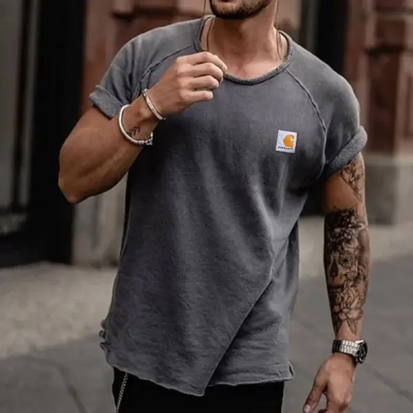 Casual Gray T-Shirt With Rolled Sleeves - Yesunshine.com 