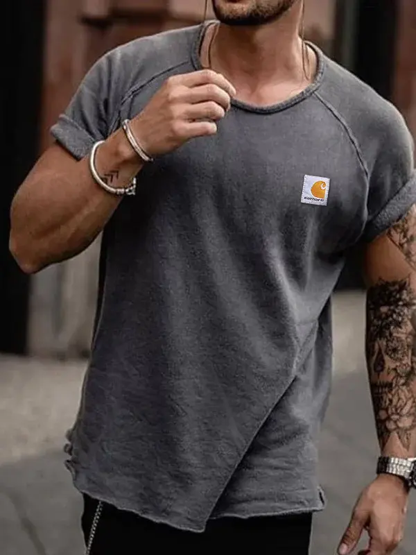 Casual Gray T-Shirt With Rolled Sleeves - Menbarn.com 