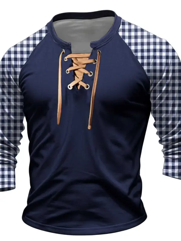 Men's Vintage Plaid Print Lace-Up Long Sleeve T-shirt - Menbarn.com 