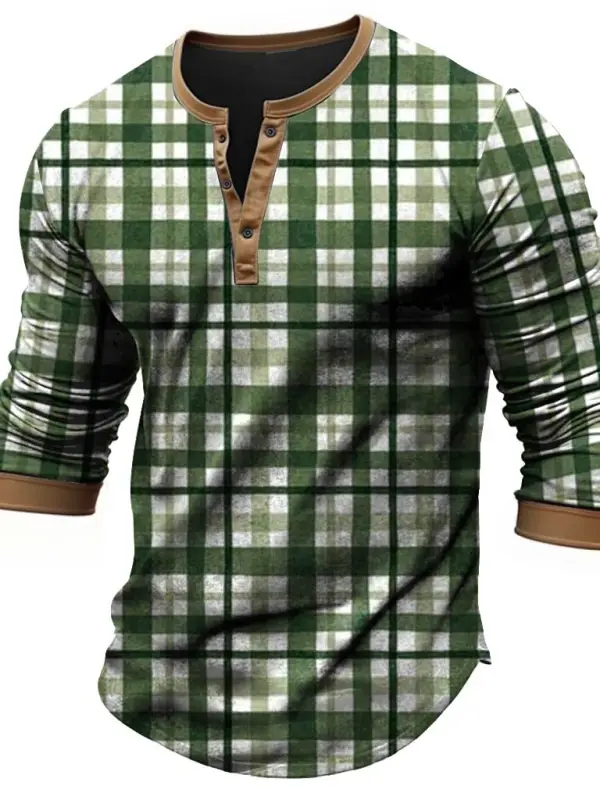 Men's Vintage Plaid Print Henley Collar Contrast Long Sleeve T-shirt - Menbarn.com 