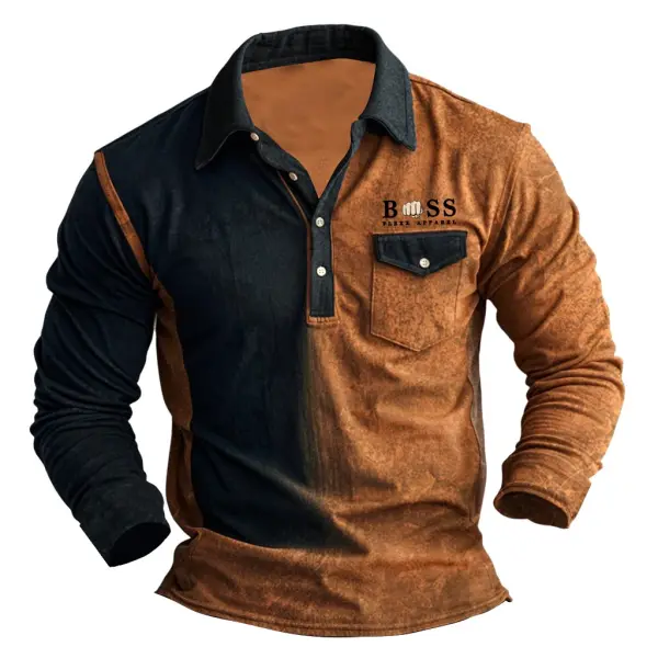 Men's Vintage Chest Pocket Polo Collar Color Block Long Sleeve T-shirt - Cotosen.com 