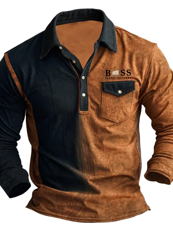 Men's Vintage Chest Pocket Polo Collar Color Block Long Sleeve T-shirt - Menbarn.com 