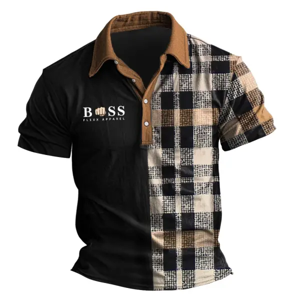 Men's Vintage Plaid Polo Collar Color Block Short Sleeve T-shirt - Cotosen.com 