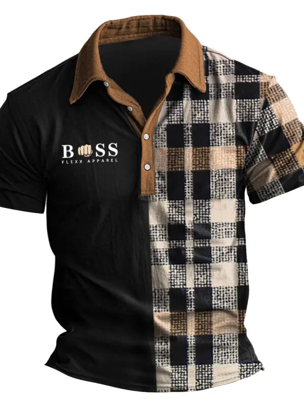 Men's Vintage Plaid Polo Collar Color Block Short Sleeve T-shirt - Menbarn.com 