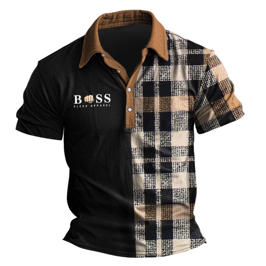 

BOSS Men's Vintage Plaid Polo Collar Color Block Short Sleeve T-shirt