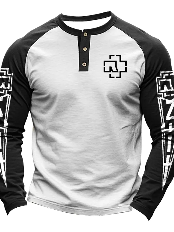 Men's Music Concert Vintage Print Henley Collar Long Sleeved T-shirt - Menbarn.com 