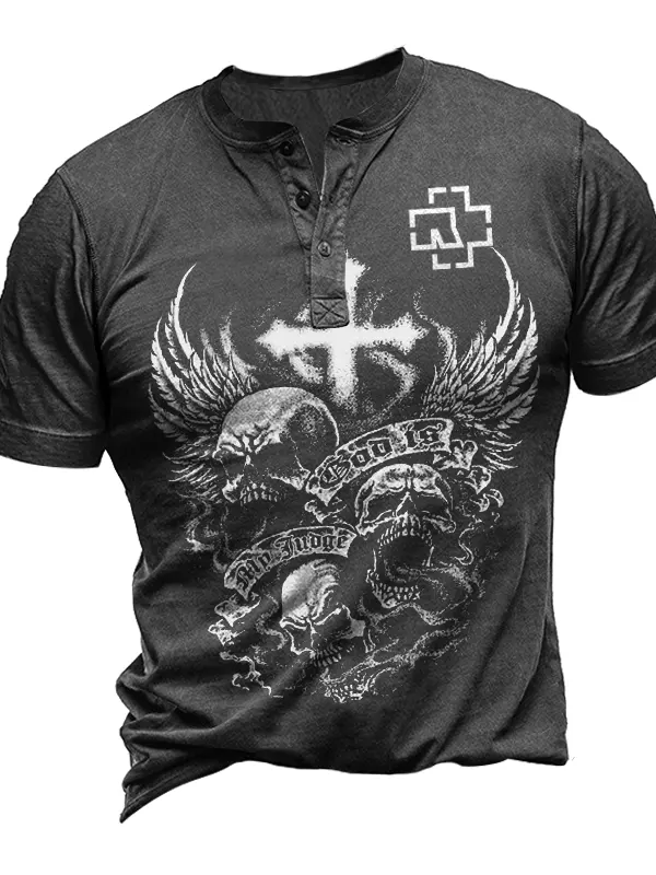 Men's Music Concert Vintage Skull Print Henley Collar T-shirt - Menbarn.com 