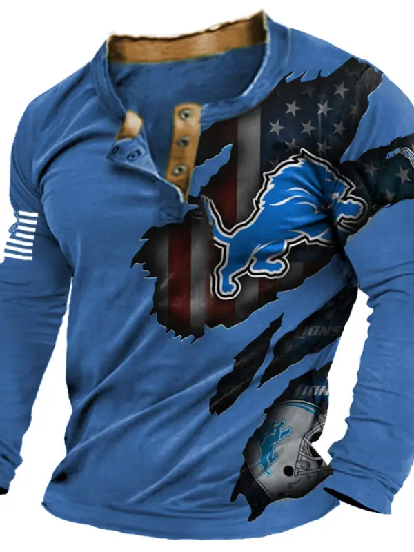 Men's Detroit Lions NFL Printed Super Bowl Color Block Long Sleeve Henley T-Shirt 