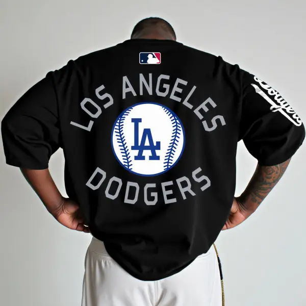 Unisex Los Angeles Team Baseball Print Oversized Short Sleeve Black T-Shirt - Yesunshine.com 
