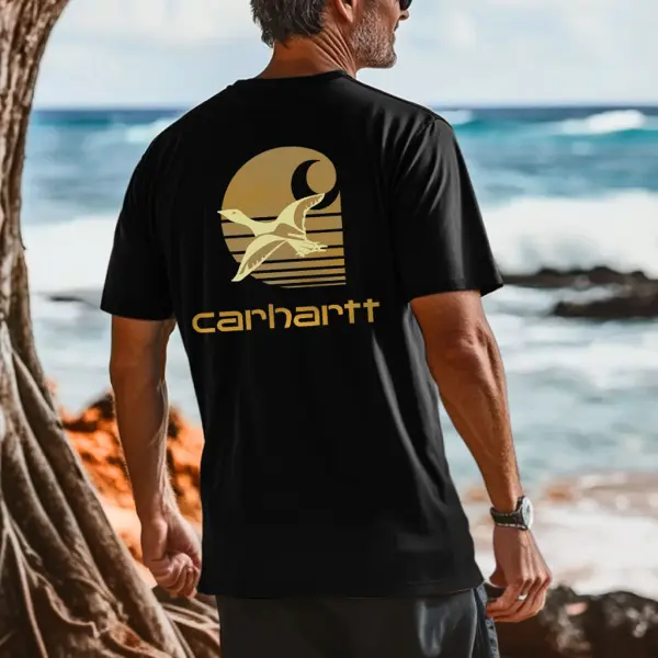 Men's Vintage Sunset Duck Surf Print Casual Beach Short Sleeve T-Shirt - Yesunshine.com 