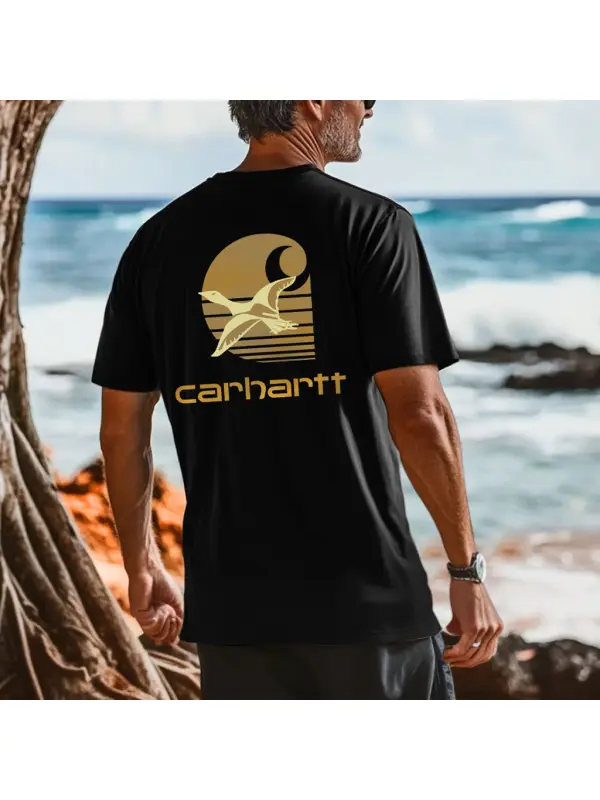 Men's Vintage Sunset Duck Surf Print Casual Beach Short Sleeve T-Shirt - Ootdmw.com 