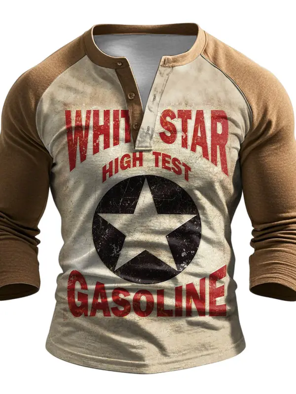 Men's Vintage Gasoline Oil Print Henley Collar Casual Long Sleeve T-shirt - Menbarn.com 