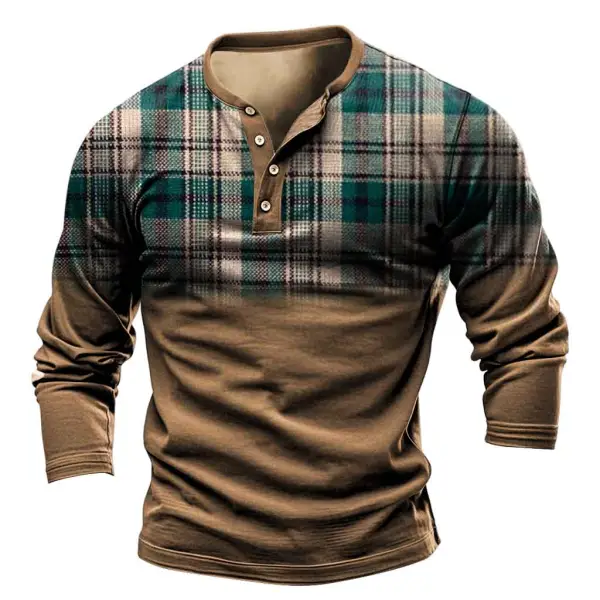 Men's Vintage Contrast Plaid Print Henley Collar Casual Long Sleeve T-shirt - Cotosen.com 