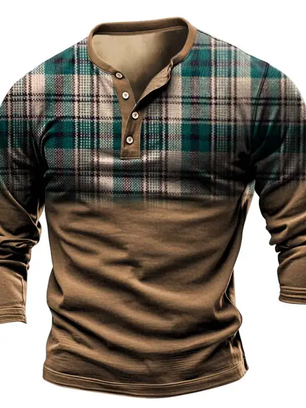 Men's Vintage Contrast Plaid Print Henley Collar Casual Long Sleeve T-shirt - Menbarn.com 