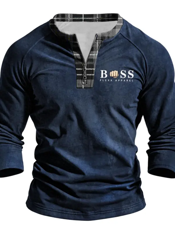 Men's Vintage Plaid Print Henley Zipper Long Sleeve T-shirt - Menbarn.com 